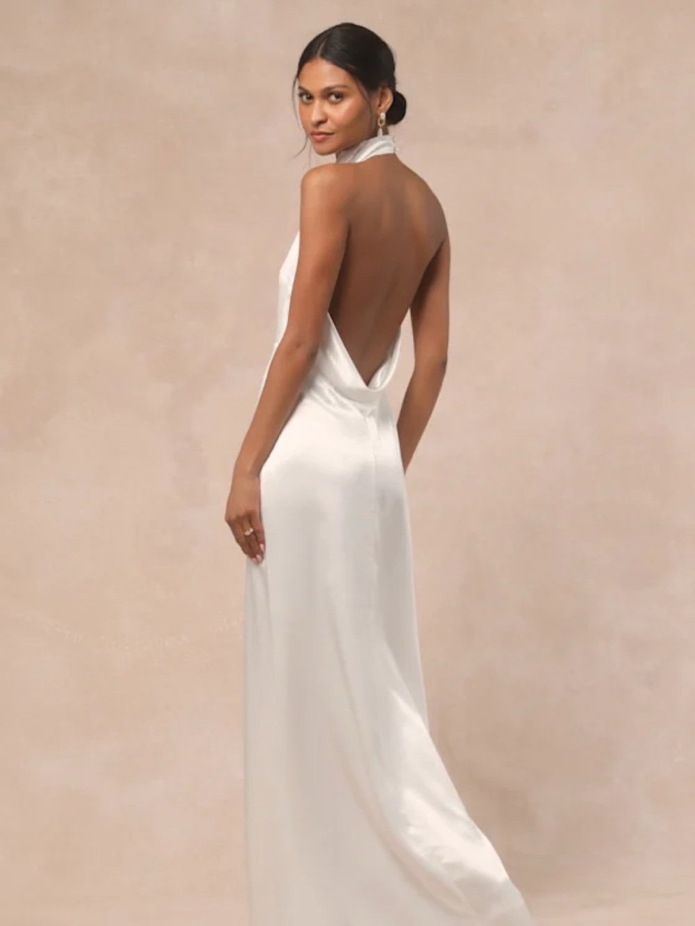 Brand New Lulu's Ivory Backless Halter Satin Maxi Dress